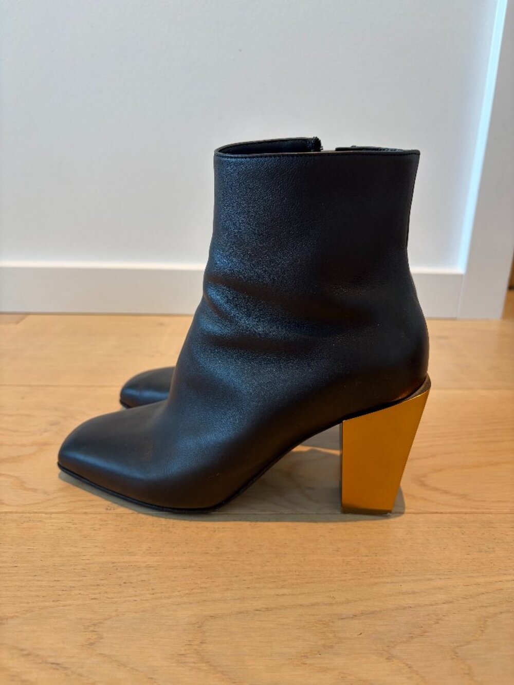Salvatore Ferragamo Black Leather Gold Heel Ankle Boots 6.5 D